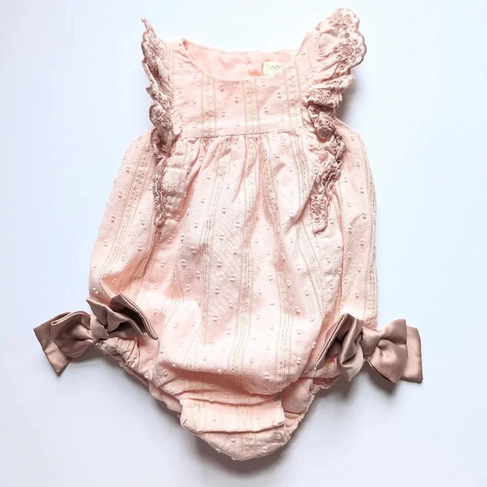 Cynthia Rowley	Pink Swiss Dot Eyelet Sleeve Gold Satin Bow Romper Sz 3-6 mos